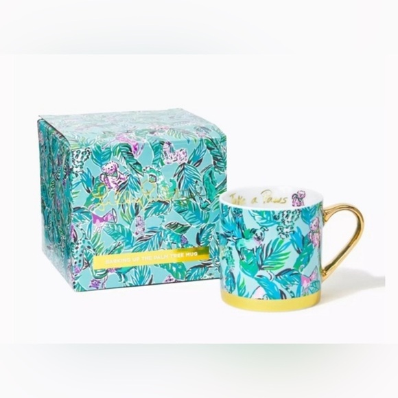 NWT Lilly Pulitzer GWP Mug Seasalt Blue Barking Up The Palm Tree - Picture 1 of 3
